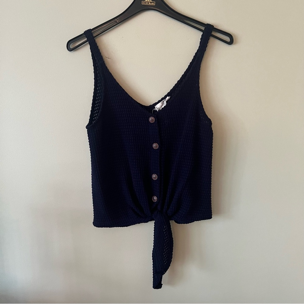 Blu Pepper Navy Button Up Tank Top with Tie in Front (Size XS)